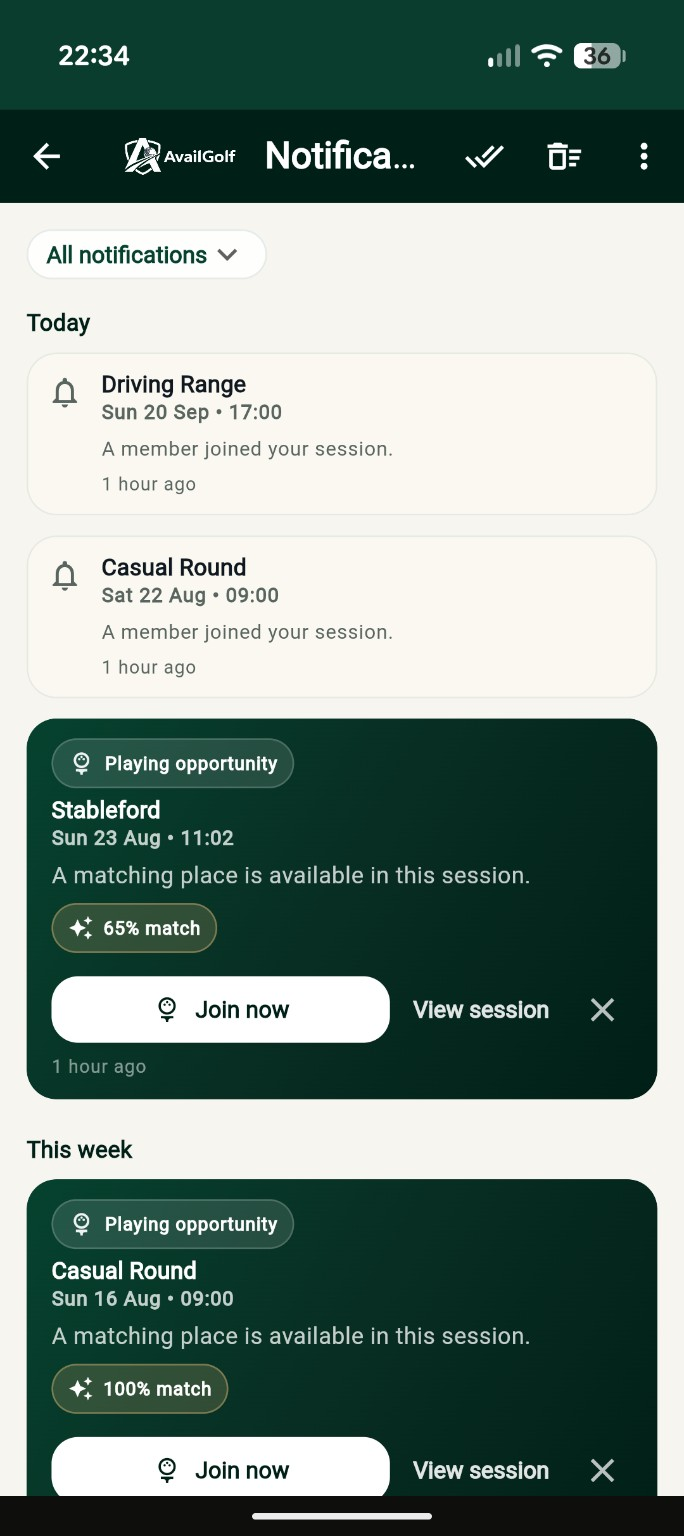 A playing opportunity notification in AvailGolf, with join now and view session actions