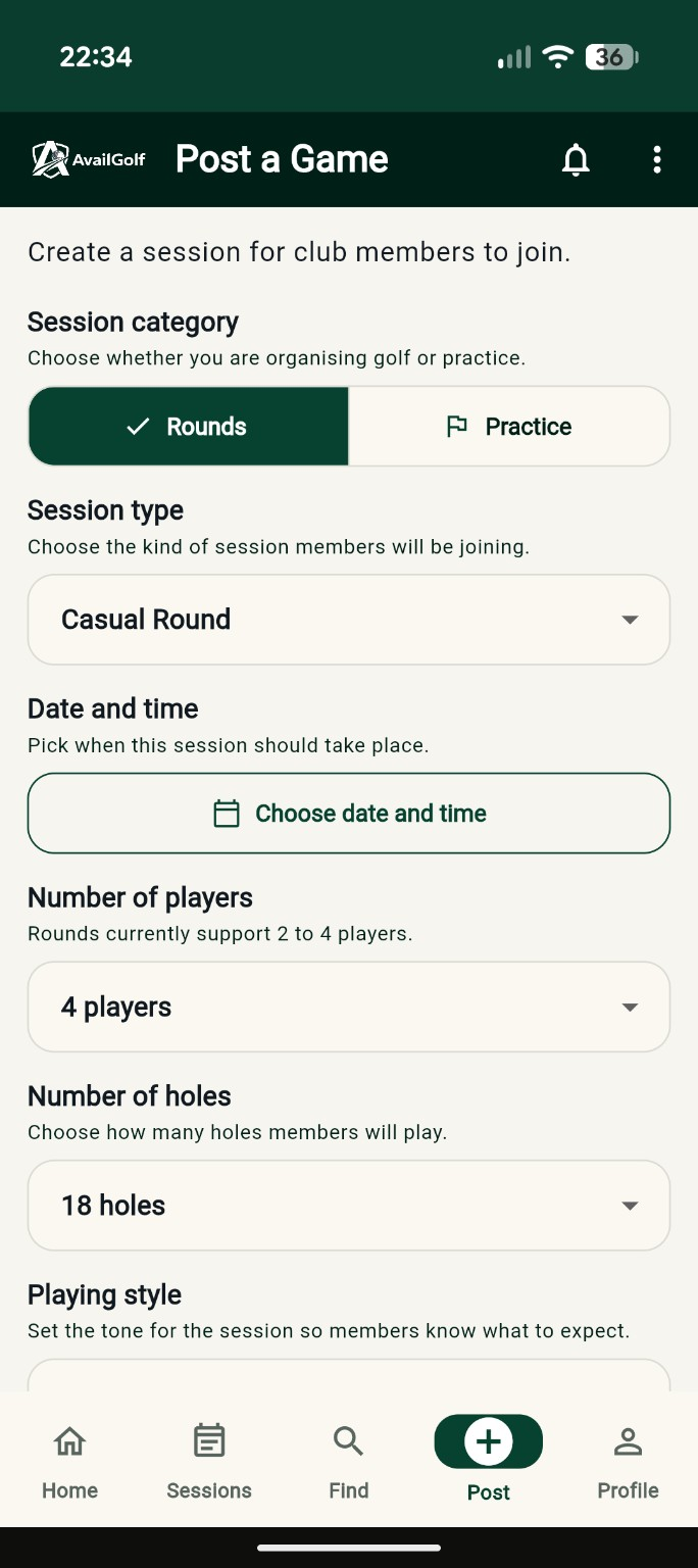 AvailGolf Post a Game screen: session category, session type, date and time, number of players and holes