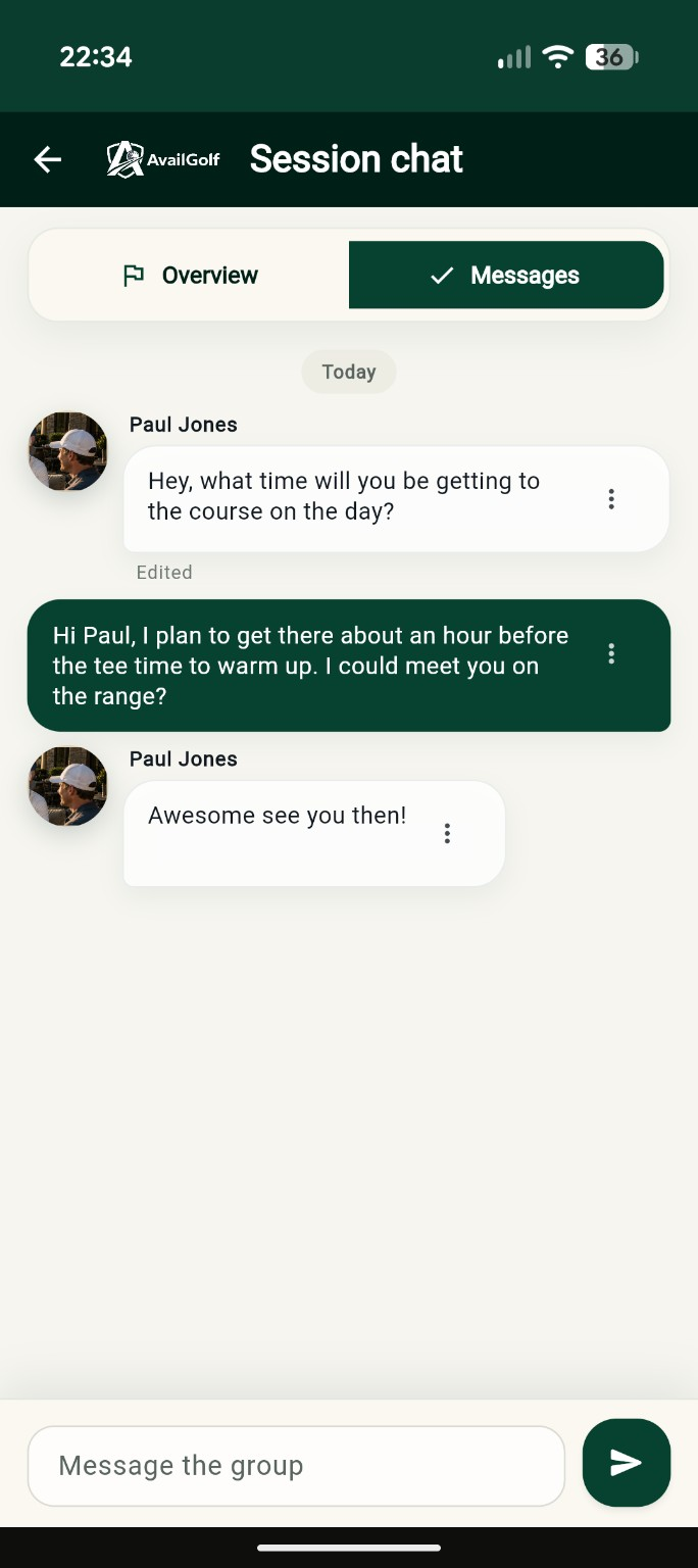 The AvailGolf session chat: two club members agreeing when to meet before their round