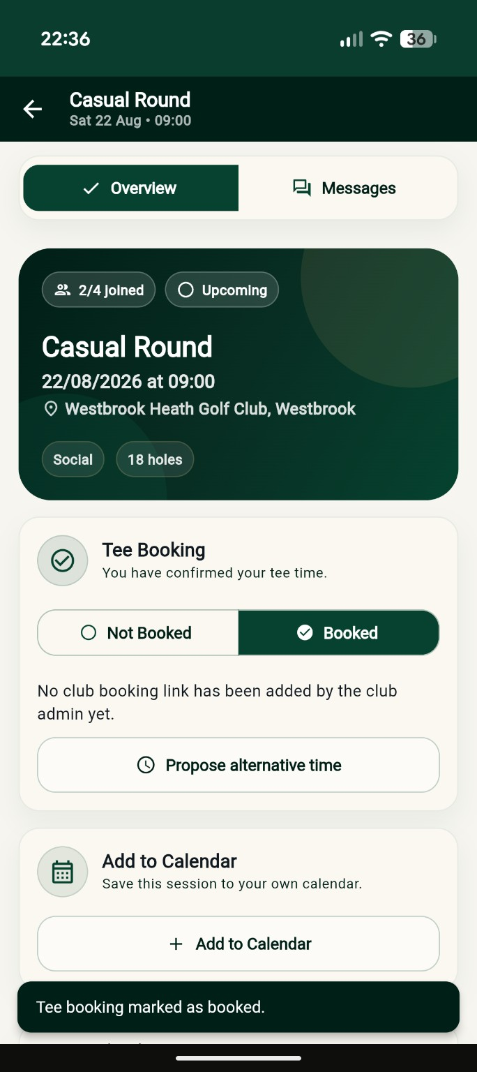 The tee booking panel inside an AvailGolf session: a booked or not-booked status, a link out to book the tee time, and an option to propose an alternative time